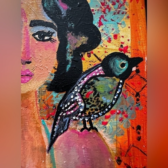 Original Art Painting Artwork Acrylic on Canvas Woman with bird Teal & Orange - Picture 6 of 9